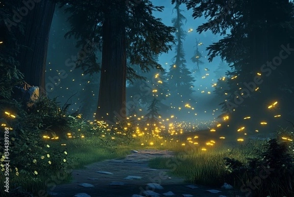 Fototapeta Magical nighttime forest illuminated by glowing fireflies dancing amidst trees and flowers