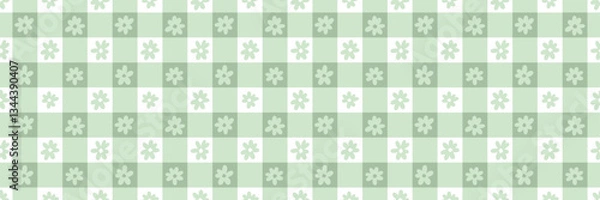 Fototapeta Light green cute girly floral gingham plaid spring vector repeat pattern banner, wide horizontal background design