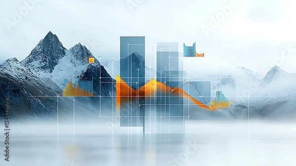 Obraz Mountain landscape overlaid with financial data visualizations