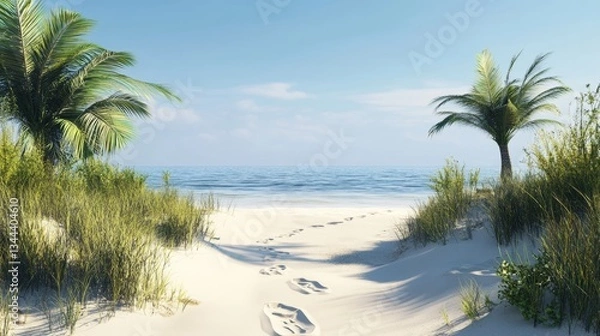 Fototapeta Footprints on serene beach coastal paradise nature scene tranquil environment wide angle escape to paradise