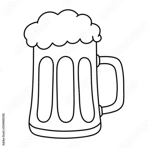Fototapeta Beer mug with foam vector illustration. Hand-drawn doodle of frothy draft beer glass. Black line art isolated on white background.