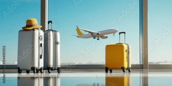 Fototapeta Luggage and a hat are seen in an airport terminal as an airplane takes off in the background, capturing the essence of travel and adventure.