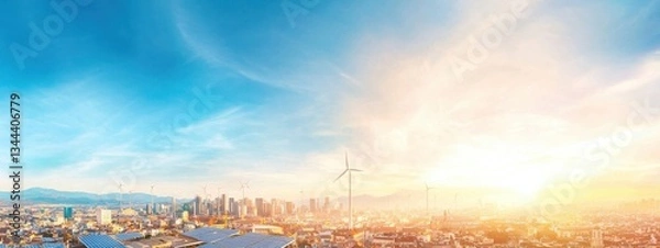 Fototapeta Urban Skyline with Wind Turbines and Solar Panels at Sunset