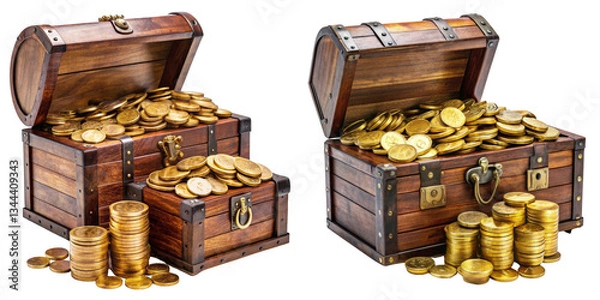Fototapeta Two Wooden Chests Overflowing with Gold Coins Isolated on Transparent Background, Treasure, Wealth, Gold coins, treasure chest