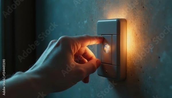 Fototapeta Hand turning off a light switch featuring a globe, symbolizing Earth Hour.