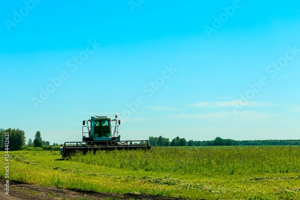 Obraz A green tractor is in a field of grass