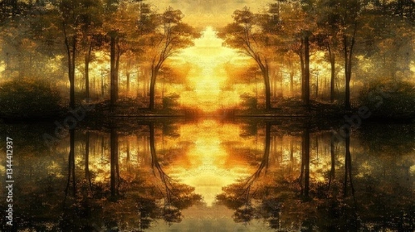 Fototapeta Serene Autumn Forest Reflection in Tranquil Lake Surrounded by Golden Foliage at Sunset