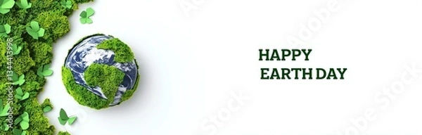 Fototapeta Green-covered Earth globe with lush vegetation, surrounded by paper-style green butterflies, celebrating Earth Day. Festive design with “HAPPY EARTH DAY” text, emphasizing environmental protection and