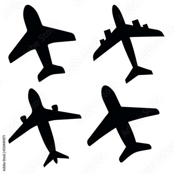 Fototapeta Airplane silhouette isolated on a white background. A quartet of stylized airplane silhouettes in varying designs, perfect for illustrating travel, transport, or air-related themes. Vector, eps