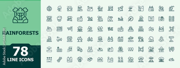 Obraz Rainforests modern icon. Includes symbols for forest, foliage, green, wildlife, nature and more. Minimalist editable vector stroke. Botanical icon set. Conceptual pictogram and infographic.