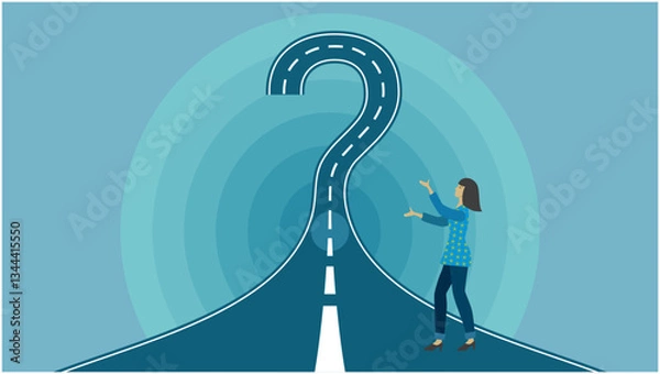 Fototapeta Woman in front of road in shape of question mark. Dimension 16:9. Vector illustration.