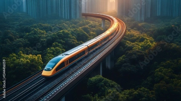 Obraz Modern high speed train driving on a bridge through a green forest at sunset