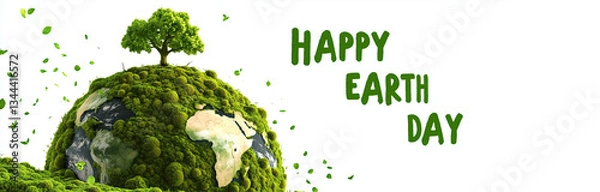 Fototapeta Earth Day illustration showcasing a globe densely covered in green vegetation, crowned with a lush tree. Floating green leaves enhance the eco-friendly vibe
