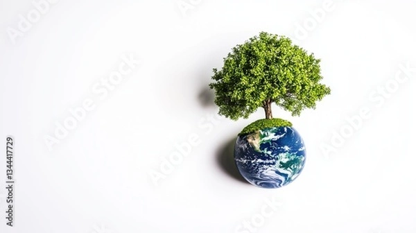Fototapeta Eco-themed imagery featuring a globe with a lush green tree growing atop its moss-covered surface, set against a clean white background. 