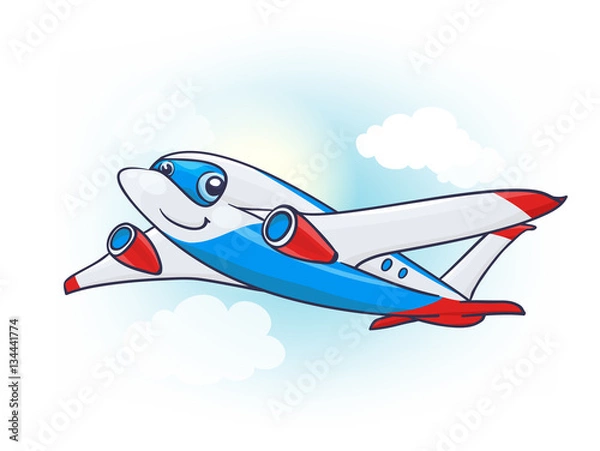 Obraz Cute Cartoon Plane Character in the Sky. vector