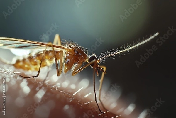 Fototapeta A close-up of a mosquito on skin, highlighting its tiny wings and long legs as it delicately and smugly sips