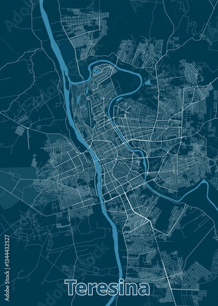 Fototapeta This detailed map showcases the city of Teresina, Brazil, with a dark blue background and white lines representing streets and roads. A prominent river winds through the city.