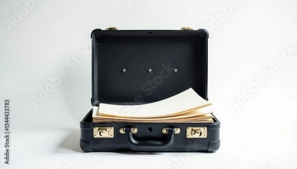 Fototapeta Locked briefcase, papers inside, white backdrop, enigma, secrecy, security