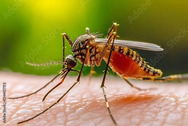 Obraz A close-up of a mosquito on skin, highlighting its tiny wings and long legs as it delicately and smugly sips