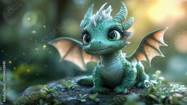 Fototapeta Enchanting green dragon character resting on a mossy stone in a magical forest