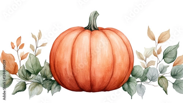 Fototapeta Watercolor pumpkin with leaves, autumn decoration isolated on transparent background