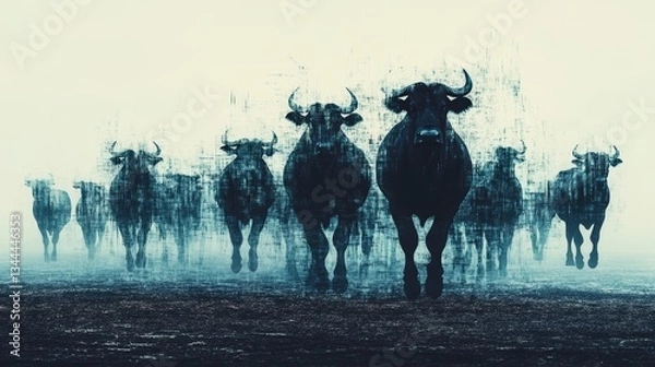 Fototapeta Abstract minimalist landscape of herding cattle in a misty environment