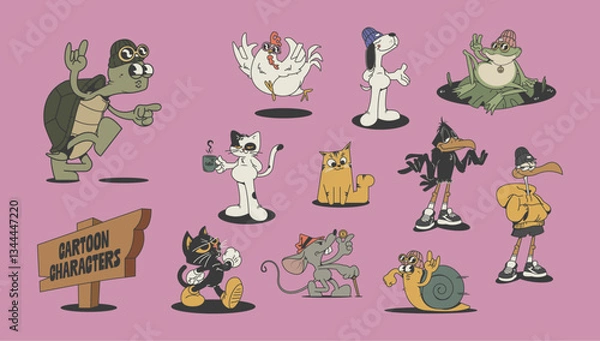Obraz set of retro animal mascot cartoon characters, vector illustration