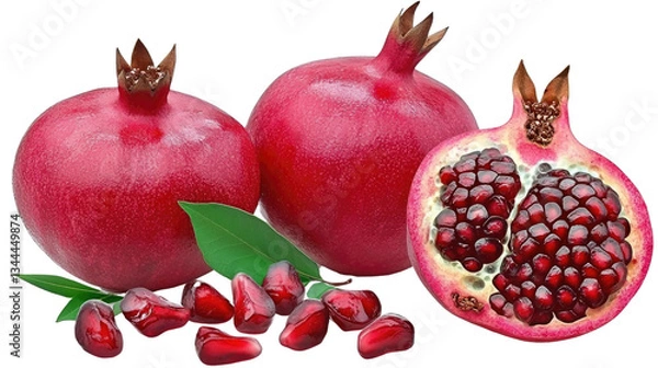 Fototapeta Fresh Pomegranate Fruit with Seeds and Leaves on a White Background for Healthy Eating Concept