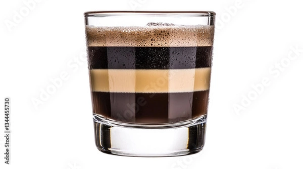Fototapeta Layered Coffee Beverage in a Clear Glass with Rich Cream and Dark Foam on Top