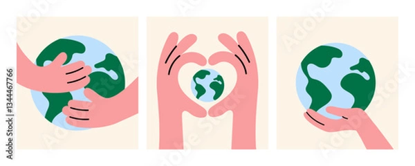 Obraz Hands holding Earth - Save the Planet, Sustainability, eco friendly, environmental protection, Earth Day, love nature, global care, climate change awareness, green world. Minimalist flat illustration