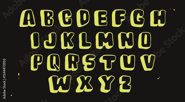 Obraz Volumetric neon yellow Font. Unique style modern Alphabet. Hand drawn trendy Vector illustration. Every letter is isolated. Typography, lettering, calligraphy concept
