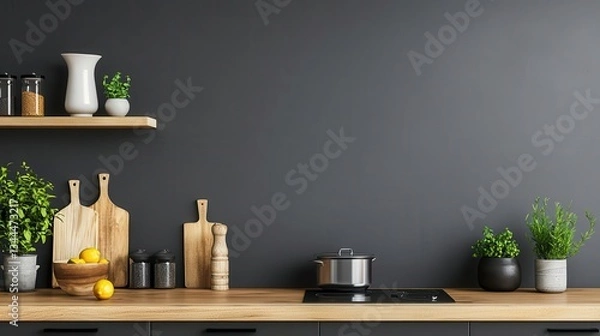 Fototapeta Elegant kitchen with wood countertop, inviting warmth, rich textures, sophisticated design