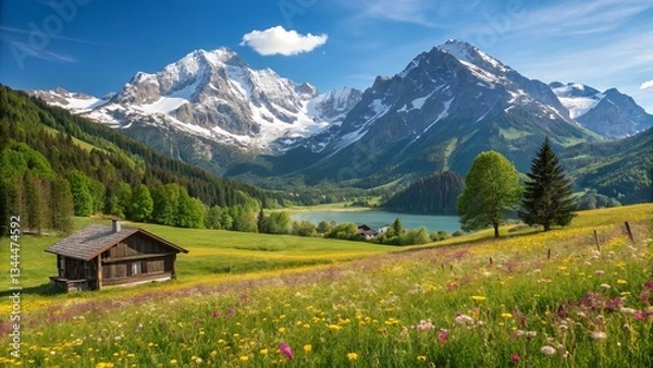 Obraz A quaint wooden cabin nestled in a vibrant alpine meadow, surrounded by majestic snow-capped mountains under a brilliant blue sky.