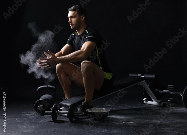 Fototapeta Man clapping hands with talcum powder before training on black background