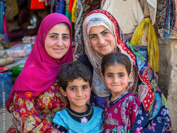 Obraz Iraq family - Cultural Pride: Photograph the family dressed in traditional Iraqi attire, such as colorful abayas or dishdashas. Pair this with a backdrop of a local souk, a historic mosque, or traditi