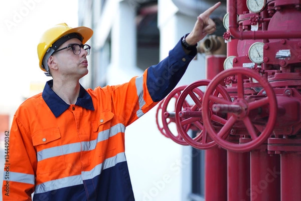 Fototapeta Male engineer inspects water pipelines in the engineering system area of the factory outside where various pipelines are designed modernly. Technicians work in the industry.