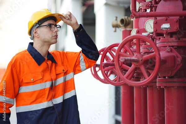 Fototapeta Male engineer inspects water pipelines in the engineering system area of the factory outside where various pipelines are designed modernly. Technicians work in the industry.