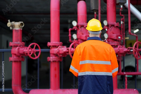 Fototapeta Male engineer inspects water pipelines in the engineering system area of the factory outside where various pipelines are designed modernly. Technicians work in the industry.