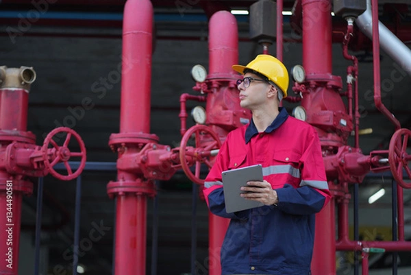 Fototapeta Male engineer inspects water pipelines in the engineering system area of the factory outside where various pipelines are designed modernly. Technicians work in the industry.