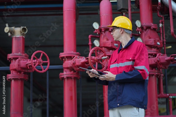 Fototapeta Male engineer inspects water pipelines in the engineering system area of the factory outside where various pipelines are designed modernly. Technicians work in the industry.
