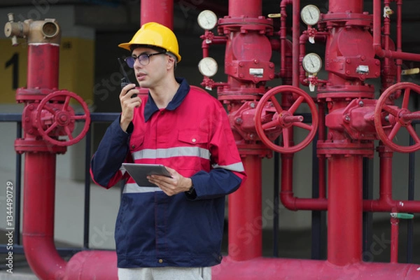 Fototapeta Male engineer inspects water pipelines in the engineering system area of the factory outside where various pipelines are designed modernly. Technicians work in the industry.