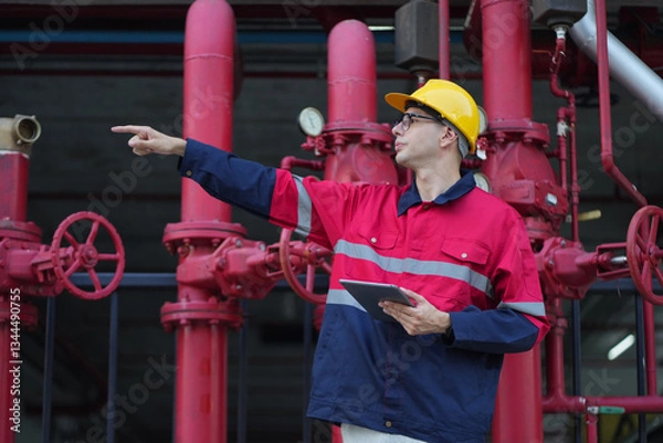 Fototapeta Male engineer inspects water pipelines in the engineering system area of the factory outside where various pipelines are designed modernly. Technicians work in the industry.