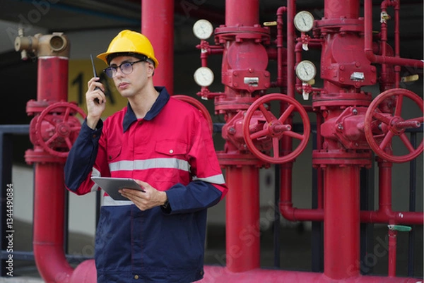 Fototapeta Male engineer inspects water pipelines in the engineering system area of the factory outside where various pipelines are designed modernly. Technicians work in the industry.