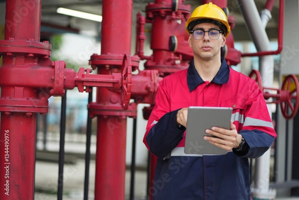 Fototapeta Male engineer inspects water pipelines in the engineering system area of the factory outside where various pipelines are designed modernly. Technicians work in the industry.