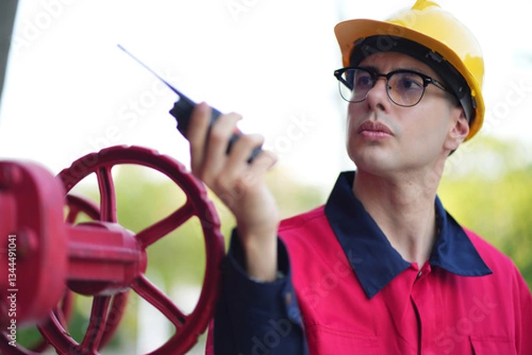 Fototapeta Male engineer inspects water pipelines in the engineering system area of the factory outside where various pipelines are designed modernly. Technicians work in the industry.
