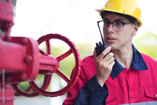 Fototapeta Male engineer inspects water pipelines in the engineering system area of the factory outside where various pipelines are designed modernly. Technicians work in the industry.