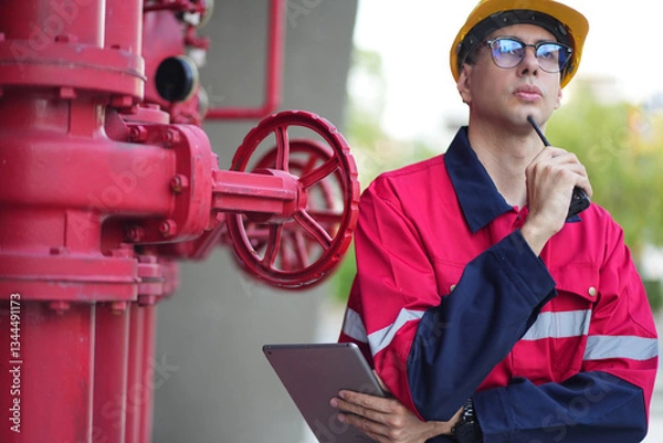 Fototapeta Male engineer inspects water pipelines in the engineering system area of the factory outside where various pipelines are designed modernly. Technicians work in the industry.