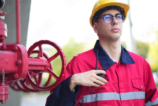 Fototapeta Male engineer inspects water pipelines in the engineering system area of the factory outside where various pipelines are designed modernly. Technicians work in the industry.