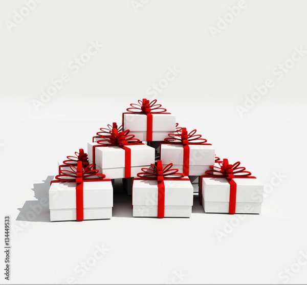 Obraz 3d illustration white gift boxes with red ribbon