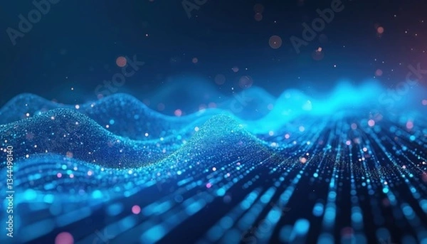 Fototapeta Vibrant blue tech background with data flow. Abstract digital innovation, internet payment, cyberspace, business analysis, financial technology, code art, network connections. Modern creative concept.